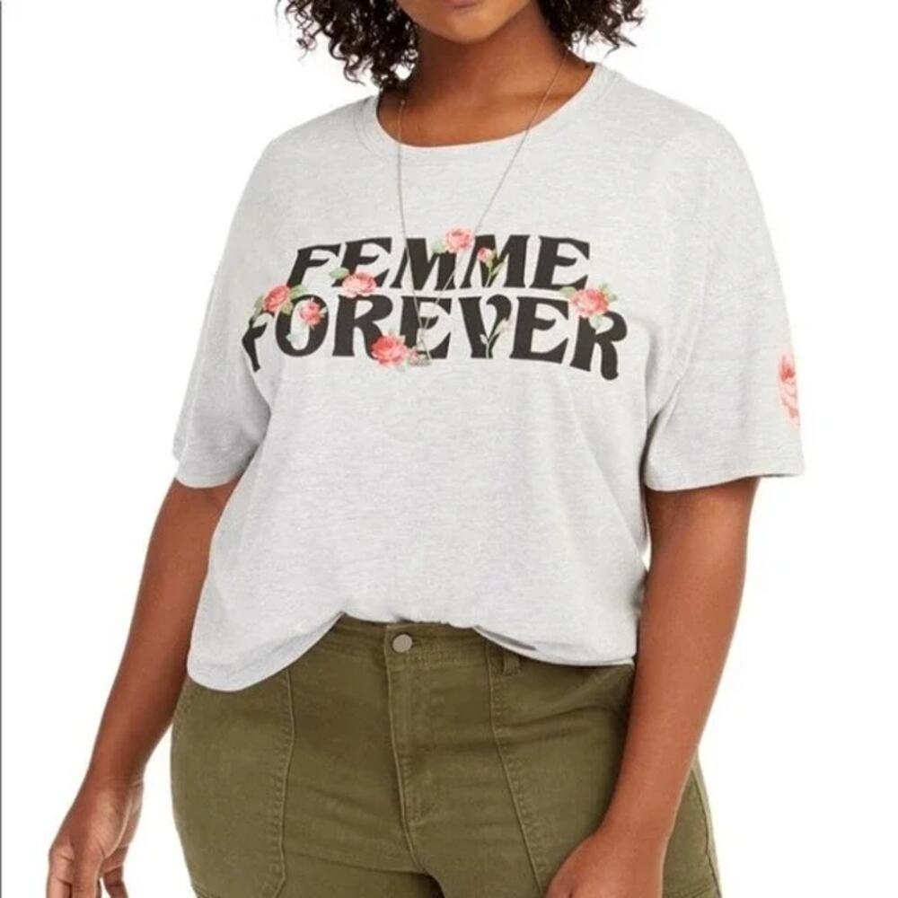 NWT Love Tribe Gray Graphic Short Sleeve Femme Forever T-Shirt Women's Size 3X